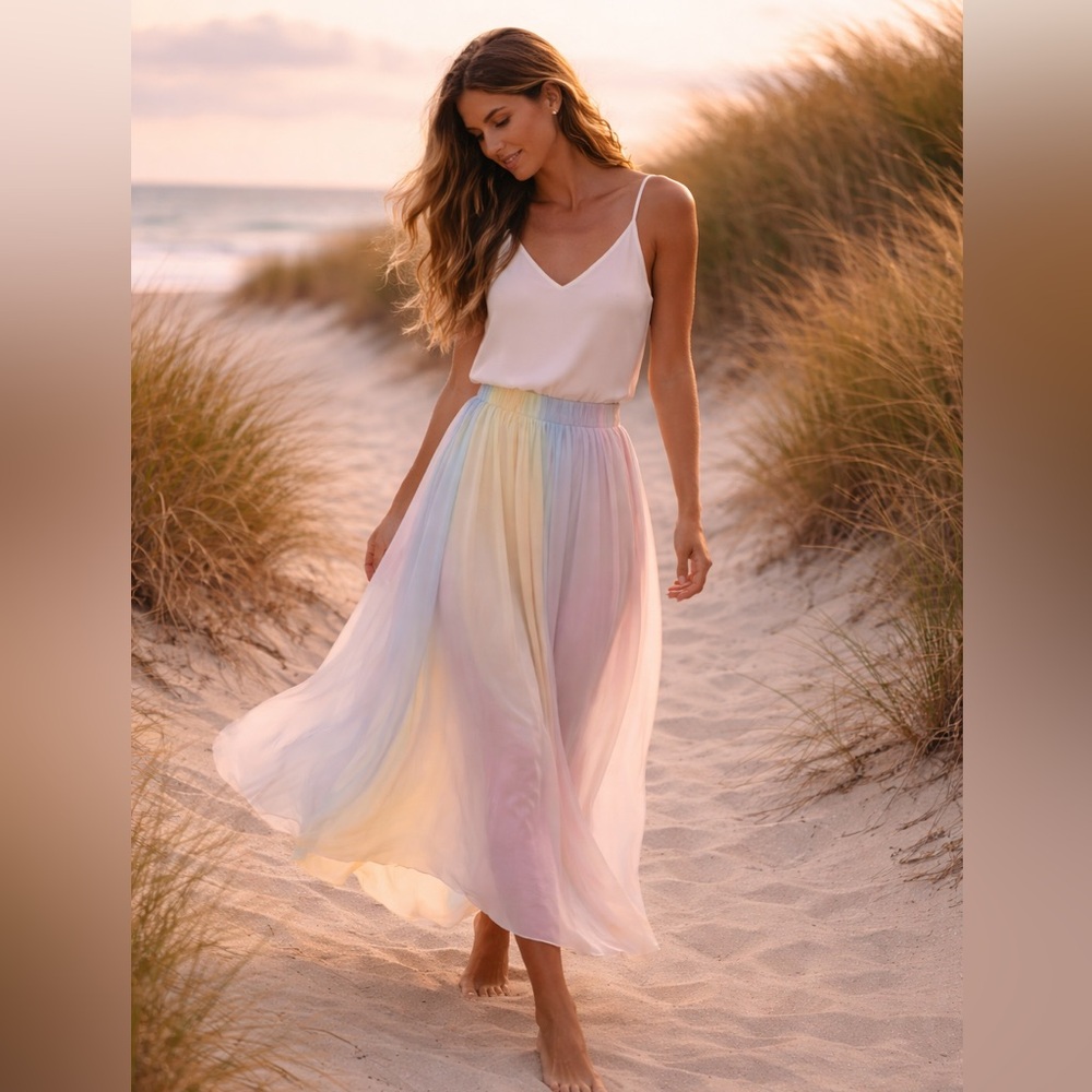 NWT,Belle France,Silk-Blend Skirt Boho Resort Flowing Elastic-Waist,Size L - Picture 3 of 7